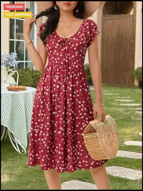 Summer Floral V Neck Puff Cap Sleeve Sundress Midi Dress with Pockets - Picture 2 of 7